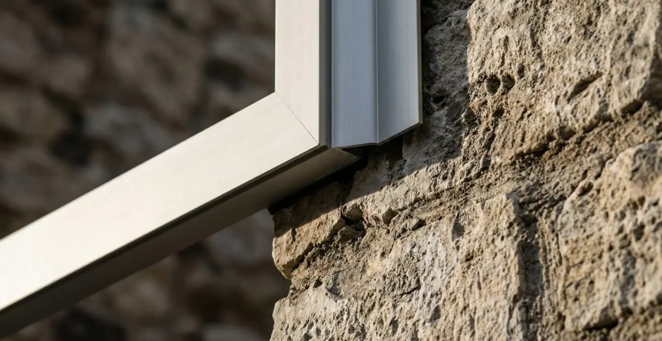 Gros plan sur un précadre aluminium masquant les défauts d'une ancienne pose de volets