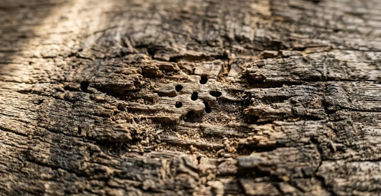 Vue rapprochée montrant les signes d'infestation d'insectes dans le bois