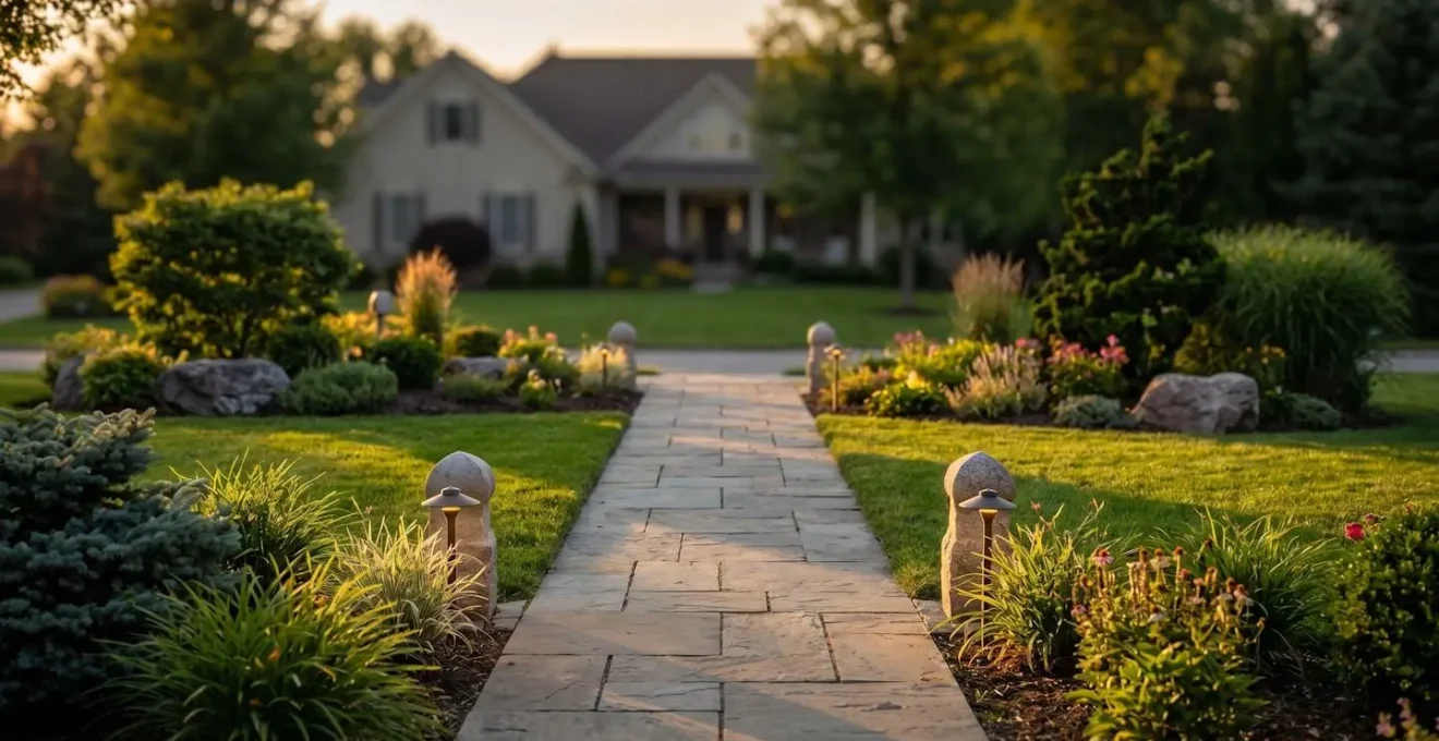 Jardin moderne avec système de détection périmétrique invisible intégré dans l'aménagement paysager