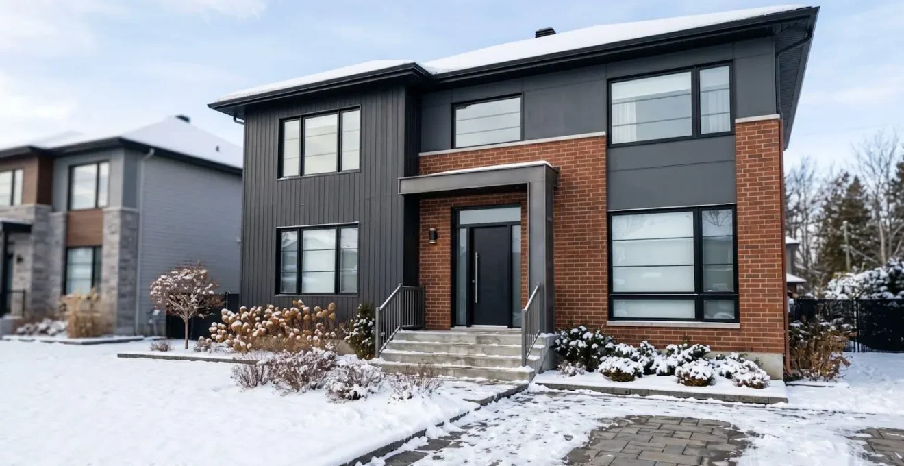 Façade d'une maison résidentielle québécoise en briques avec une porte d'entrée en acier moderne, léger décor hivernal avec neige sur les bordures