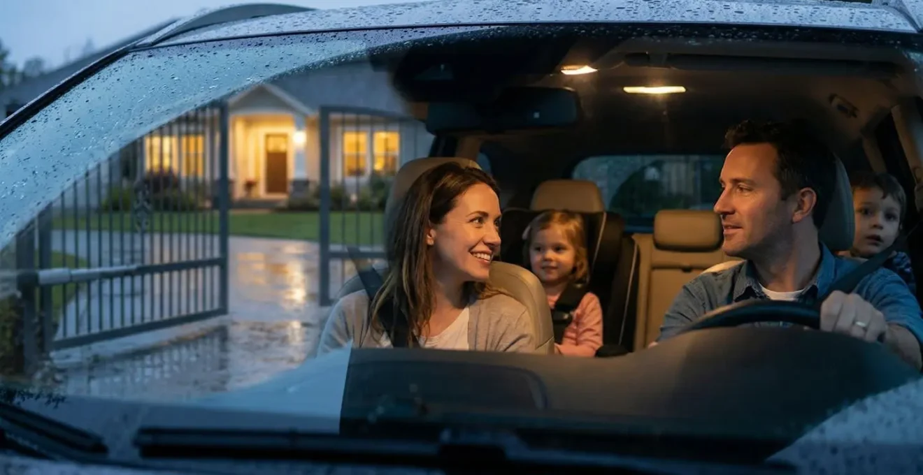 Famille rentrant facilement chez elle grâce à un portail motorisé par temps de pluie