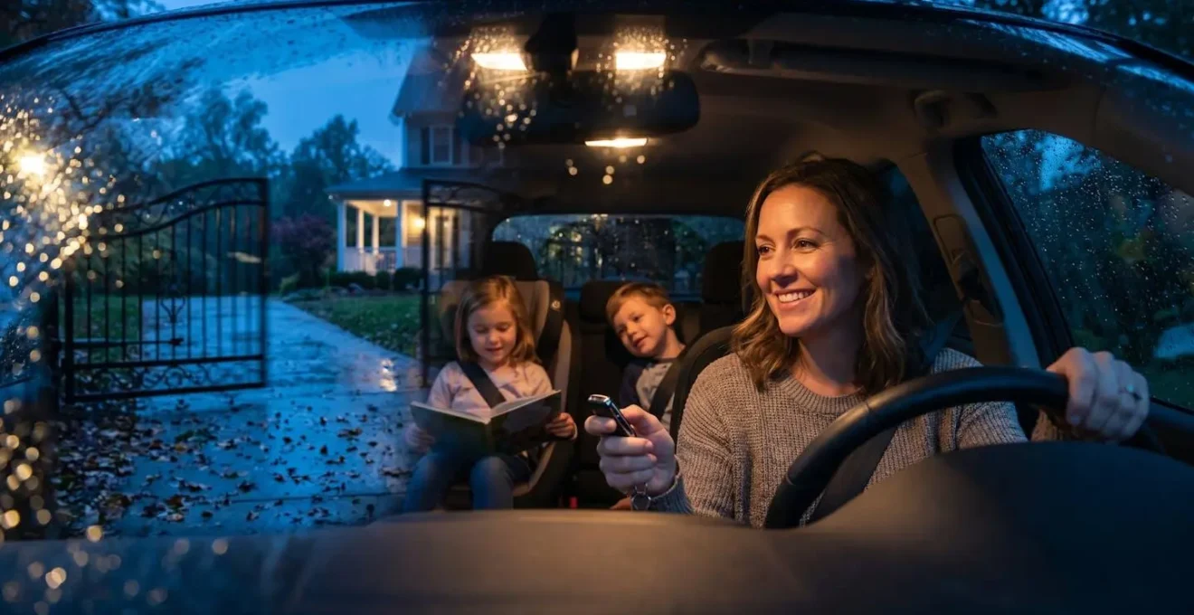 Famille dans une voiture devant un portail motorisé par temps de pluie