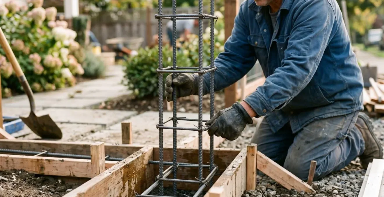 Coupe technique d'une fondation béton avec ferraillage pour pilier de portail aluminium