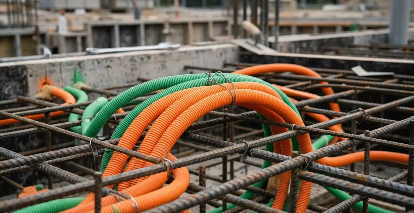 Gaines ICTA colorées positionnées dans le ferraillage d'une longrine avant coulage du béton