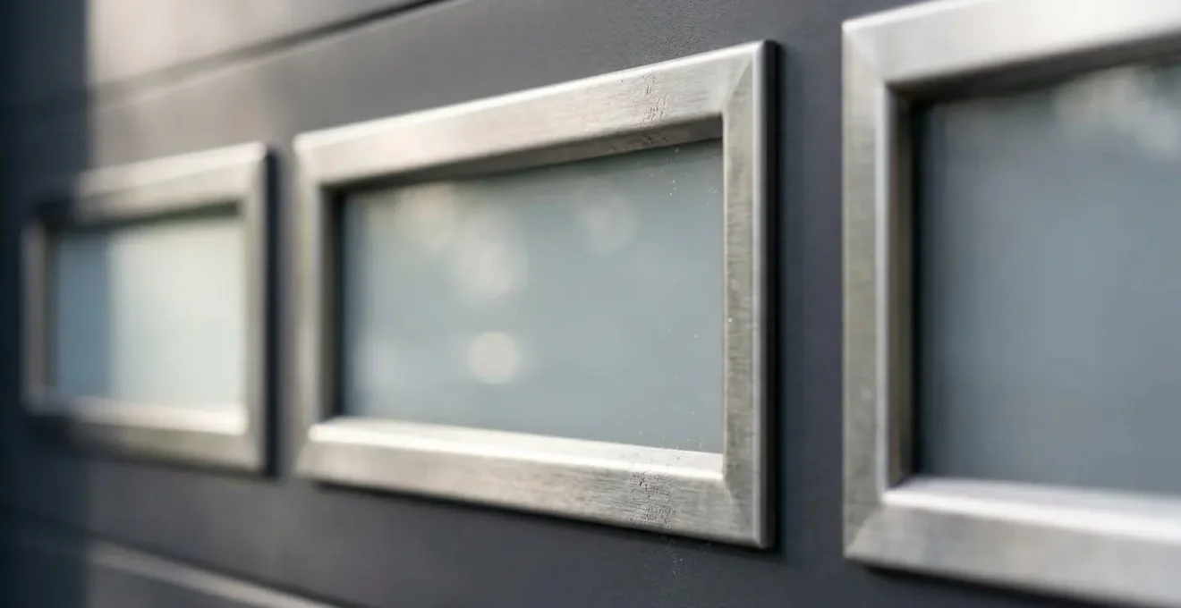 Hublots en inox sur porte de garage sectionnelle laissant passer la lumière naturelle