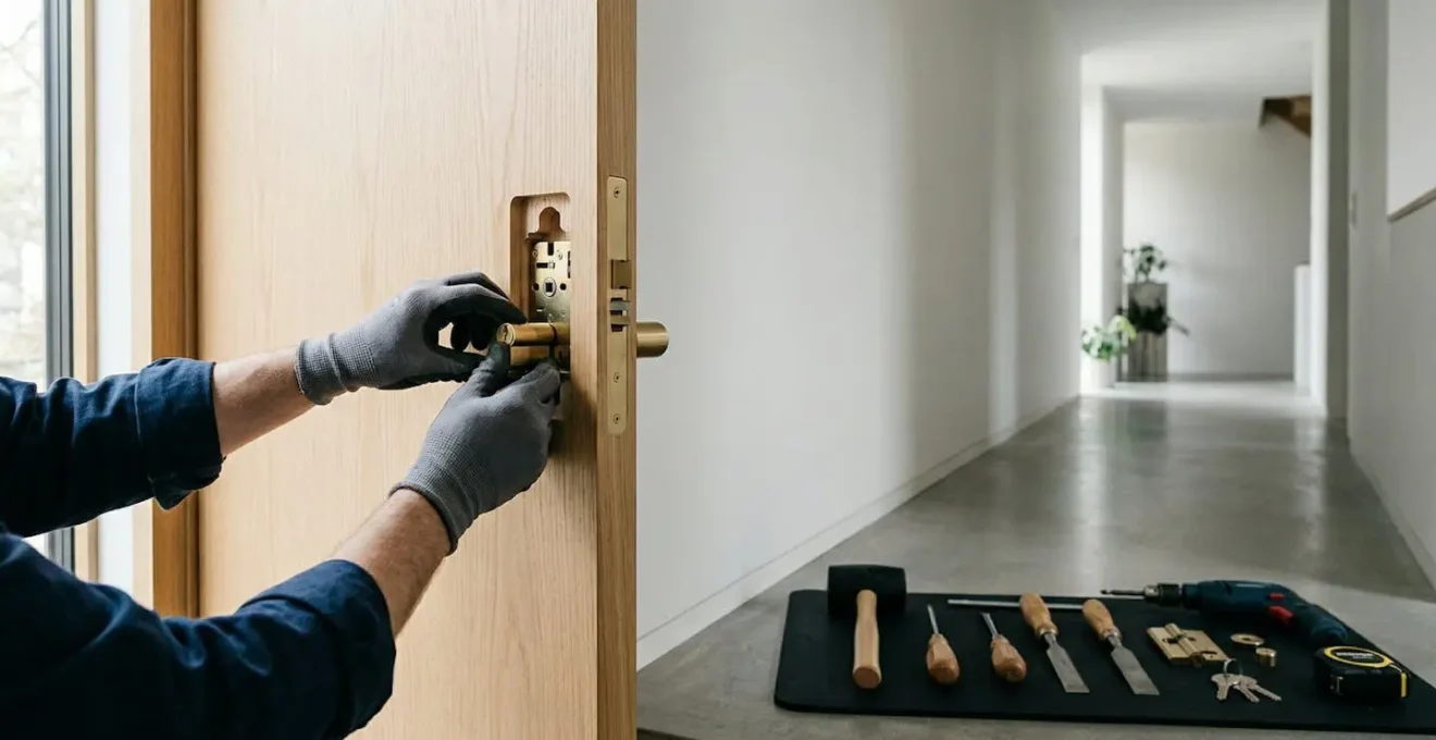 Installation professionnelle d'une serrure avec alignement précis des composants