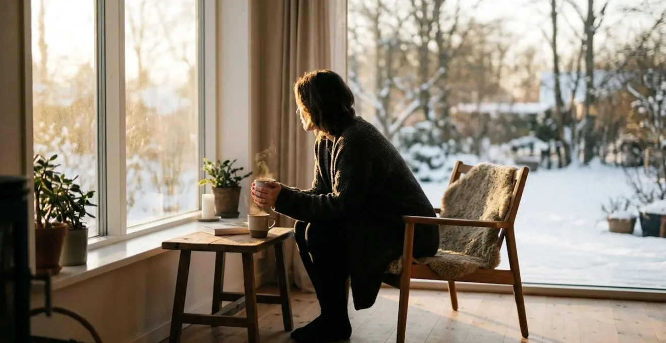 Intérieur lumineux avec apports solaires hivernaux à travers de grandes baies vitrées