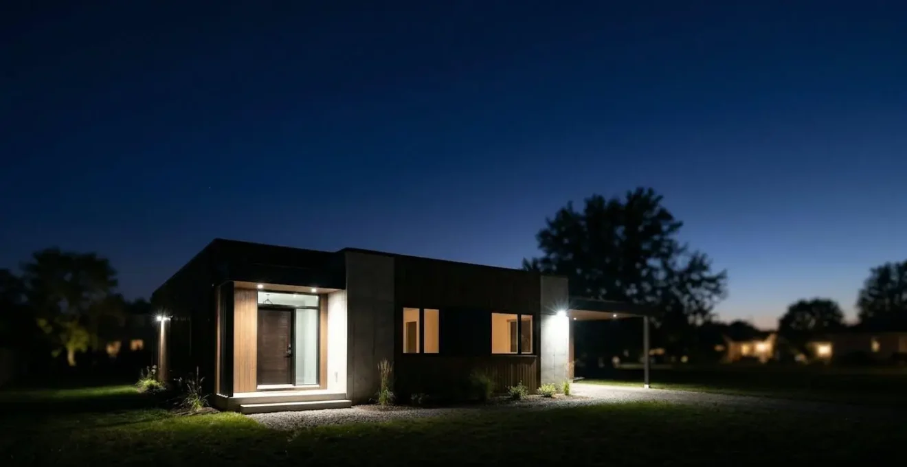 Maison française la nuit avec projecteurs LED à détection de mouvement illuminant les accès principaux