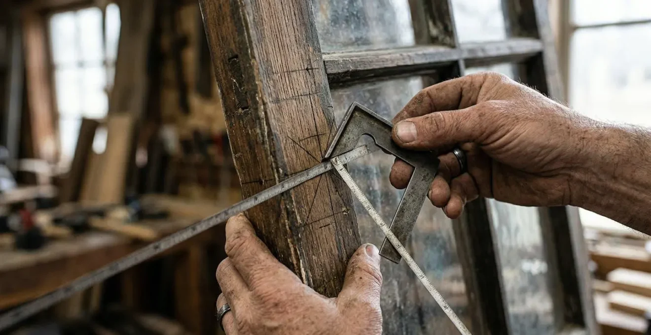 Artisan mesurant une fenêtre trapézoïdale avec la méthode de triangulation et gabarit