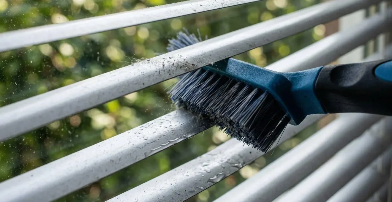 Brosse à triple tête spécialement conçue pour nettoyer les lames d'un store vénitien extérieur