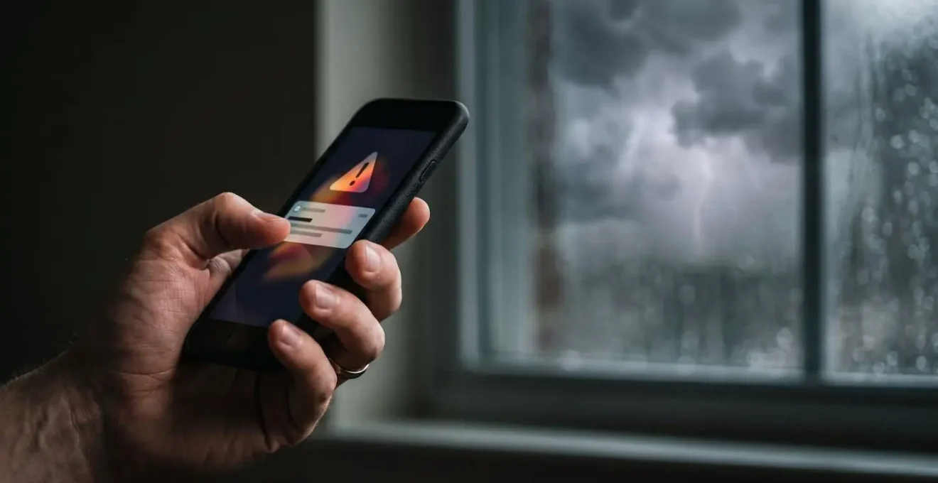 Main tenant un smartphone avec notification d'alerte météo et état des fenêtres