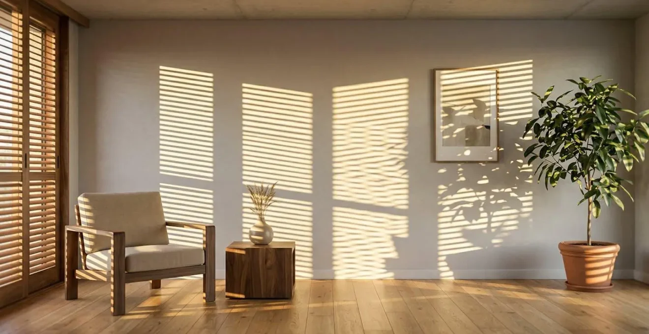 Jeu d'ombres et de lumière créé par des volets persiennés dans un salon moderne