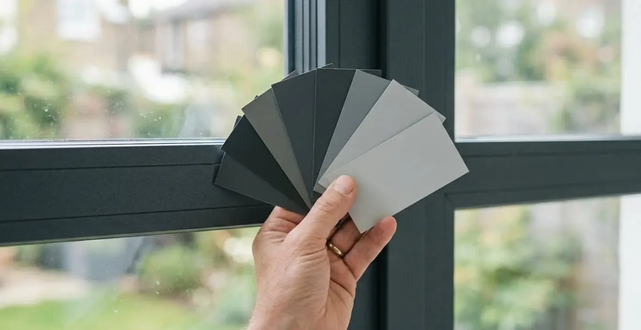 Main tenant des échantillons de couleurs RAL devant une fenêtre pour tester l'harmonie des teintes