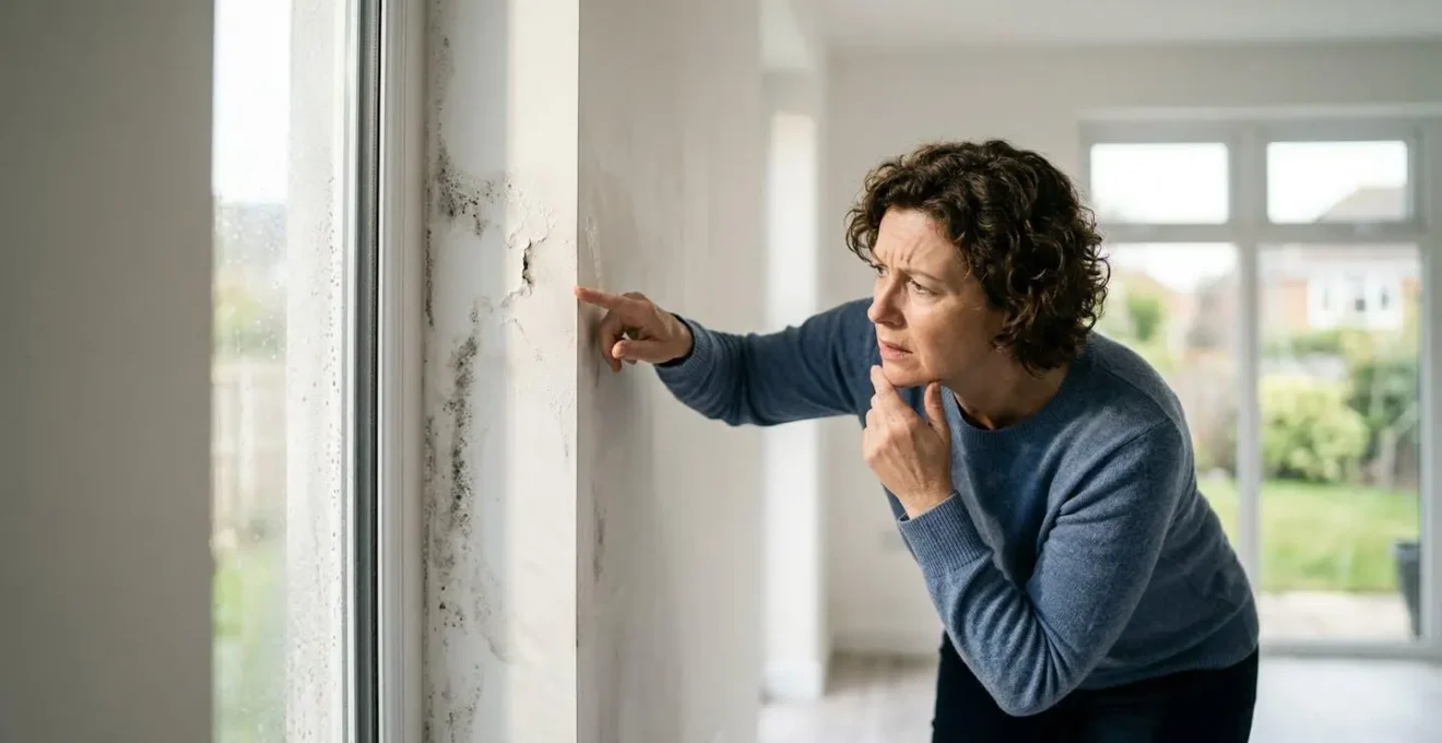 Vue détaillée du raccord mur-fenêtre montrant la formation de condensation