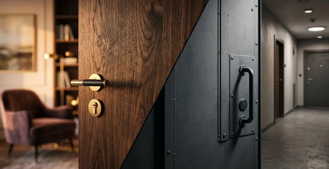 Porte blindée montrant le contraste entre face intérieure personnalisée et face extérieure harmonisée