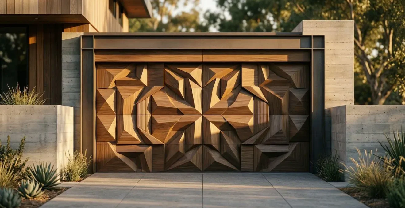 Porte de garage avec texture personnalisée intégrée harmonieusement à la façade
