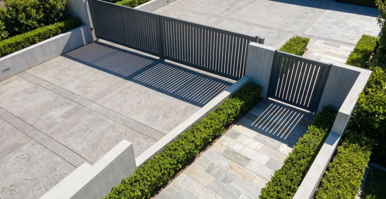 Vue aérienne d'une entrée de propriété montrant un portillon décalé créant un flux piéton naturel