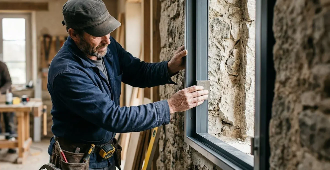 Installation d'un précadre aluminium trois côtés sur une ouverture en pierre avec finition parfaite