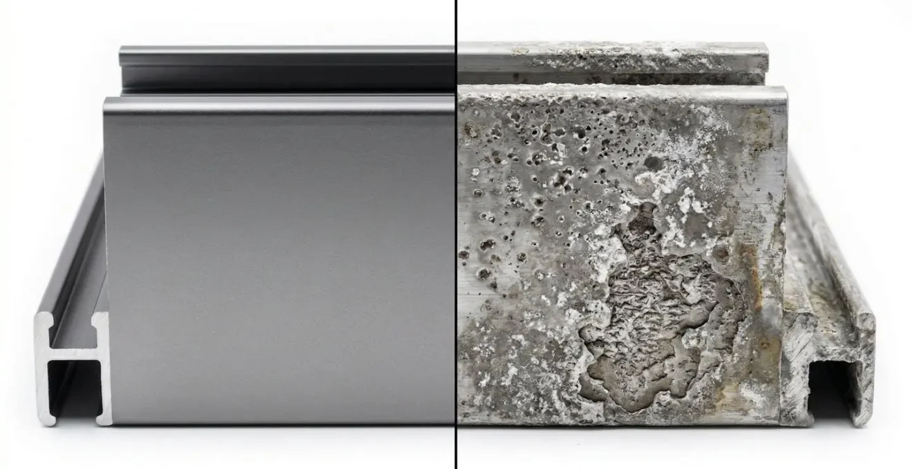 Comparaison entre rail aluminium traité et rail standard après exposition marine