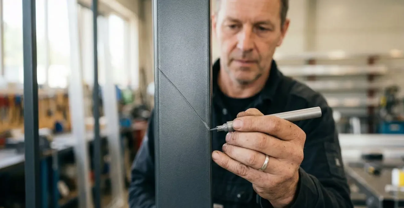 Main appliquant un stylo de retouche sur une rayure de portail aluminium