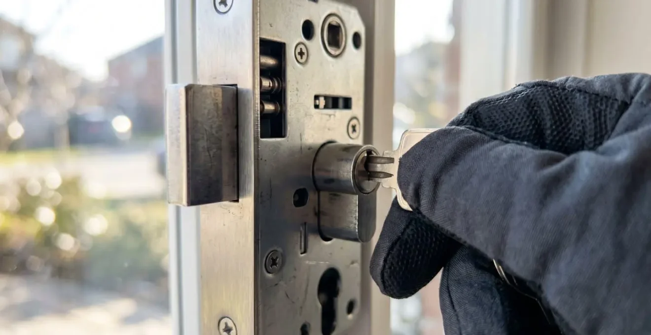 Gros plan sur une serrure multipoint en acier chromé avec pênes visibles, main gantée manipulant la clé, arrière-plan totalement flouté