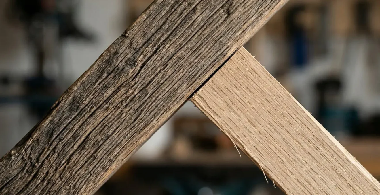 Détail macro d'une greffe de bois en sifflet sur un volet ancien