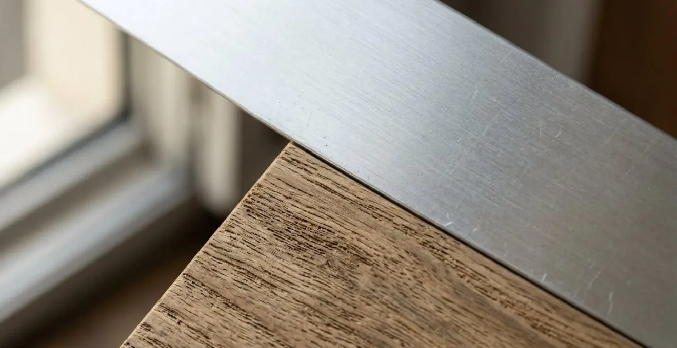 Gros plan sur les textures contrastées d'aluminium brossé et de bois veiné pour volets coulissants