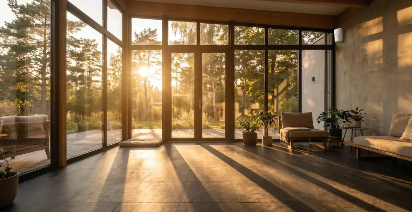 Véranda contemporaine avec jeux de lumière naturelle montrant l'emplacement optimal d'un détecteur