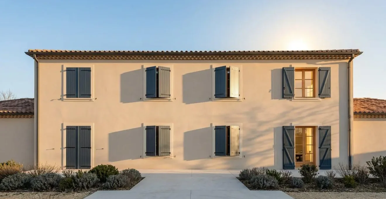 Façade de maison avec volets s'ajustant automatiquement selon la trajectoire du soleil