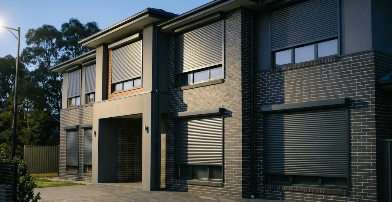 Façade de maison avec volets roulants se fermant simultanément en mode protection