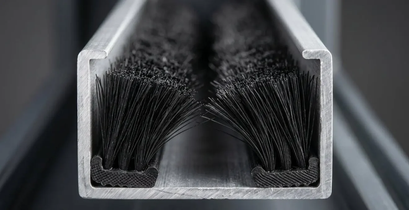 Vue macro d'une coulisse de volet avec joint brosse anti-lumière