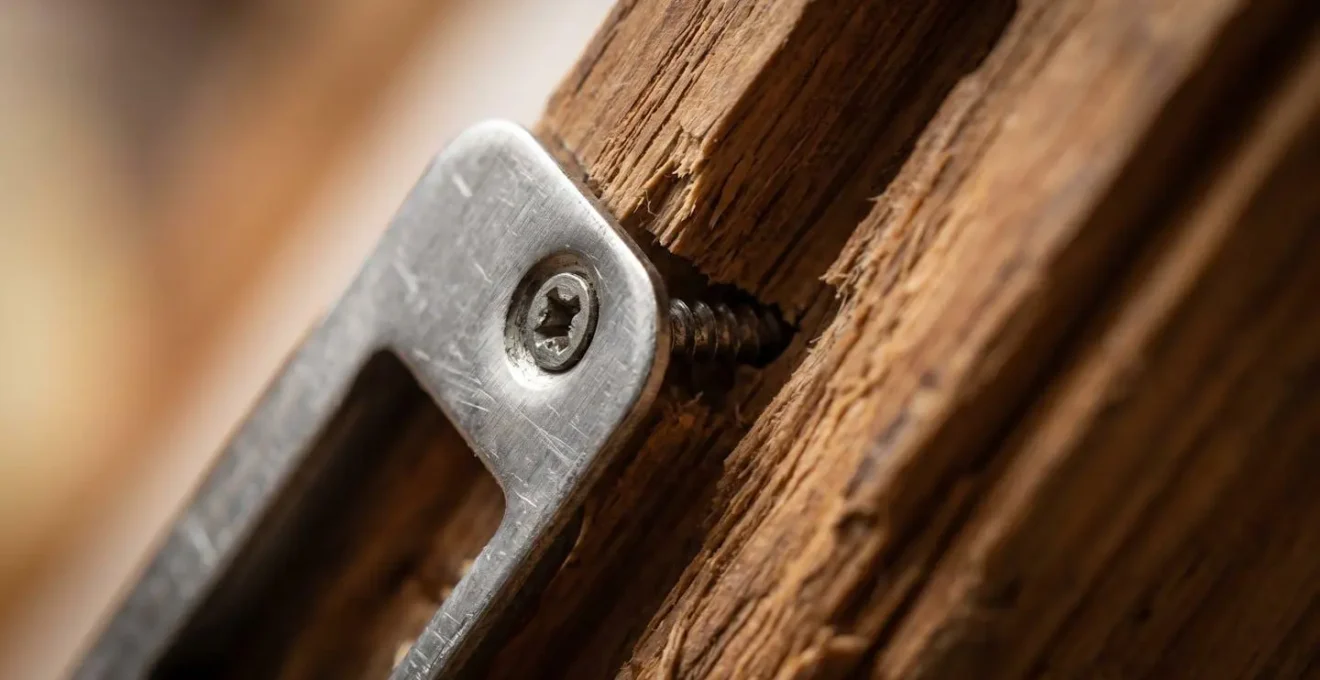 Gros plan sur installation de gâche avec vis longues dans dormant de porte