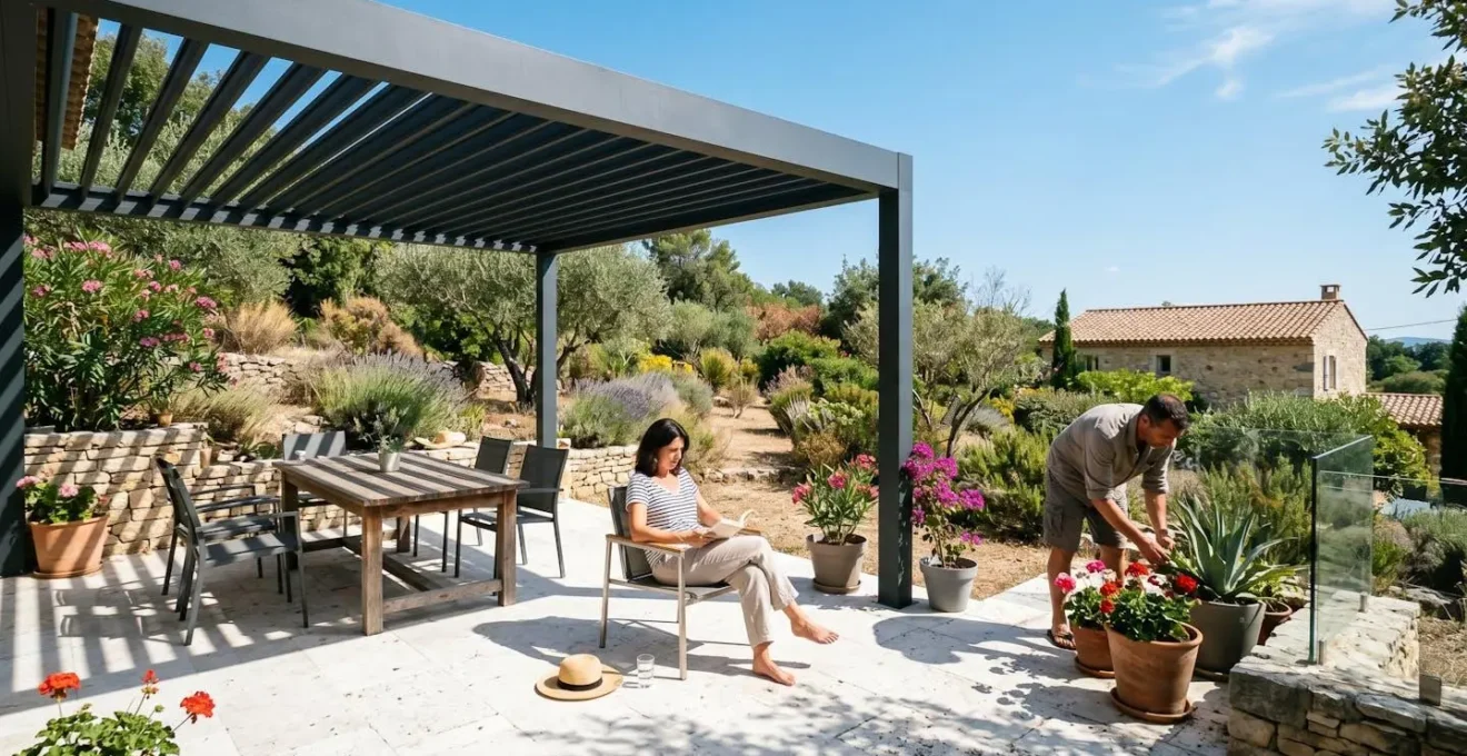 Pergola en aluminium thermolaqué anthracite sur terrasse contemporaine sous plein soleil, ombres nettes sur dallage pierre blanche, jardin méditerranéen en arrière-plan