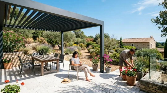Pergola en aluminium thermolaqué anthracite sur terrasse contemporaine sous plein soleil, ombres nettes sur dallage pierre blanche, jardin méditerranéen en arrière-plan