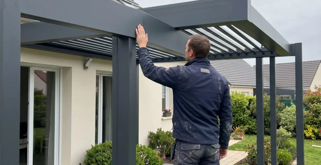 Professionnel de dos inspectant du doigt la surface lisse d'une poutre aluminium thermolaquée anthracite, jardin contemporain en lumière naturelle