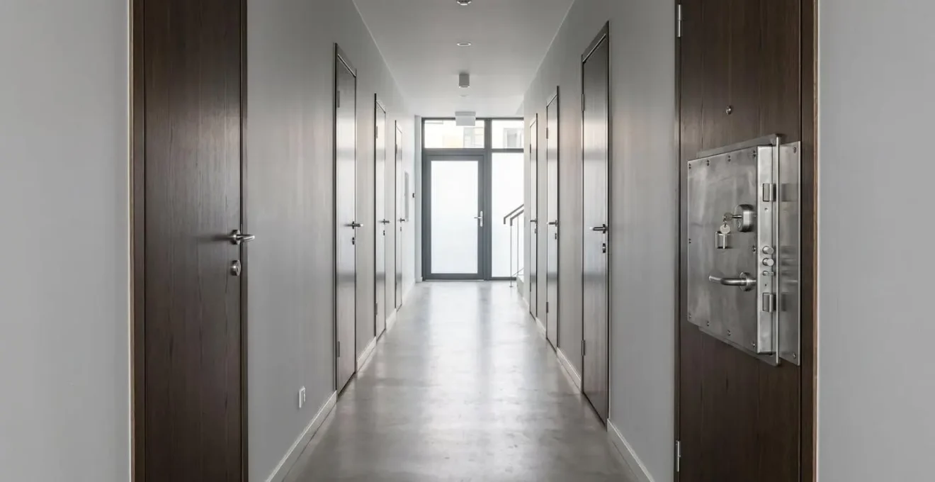 Vue de face d'une serrure carénée imposante sur une porte d'entrée