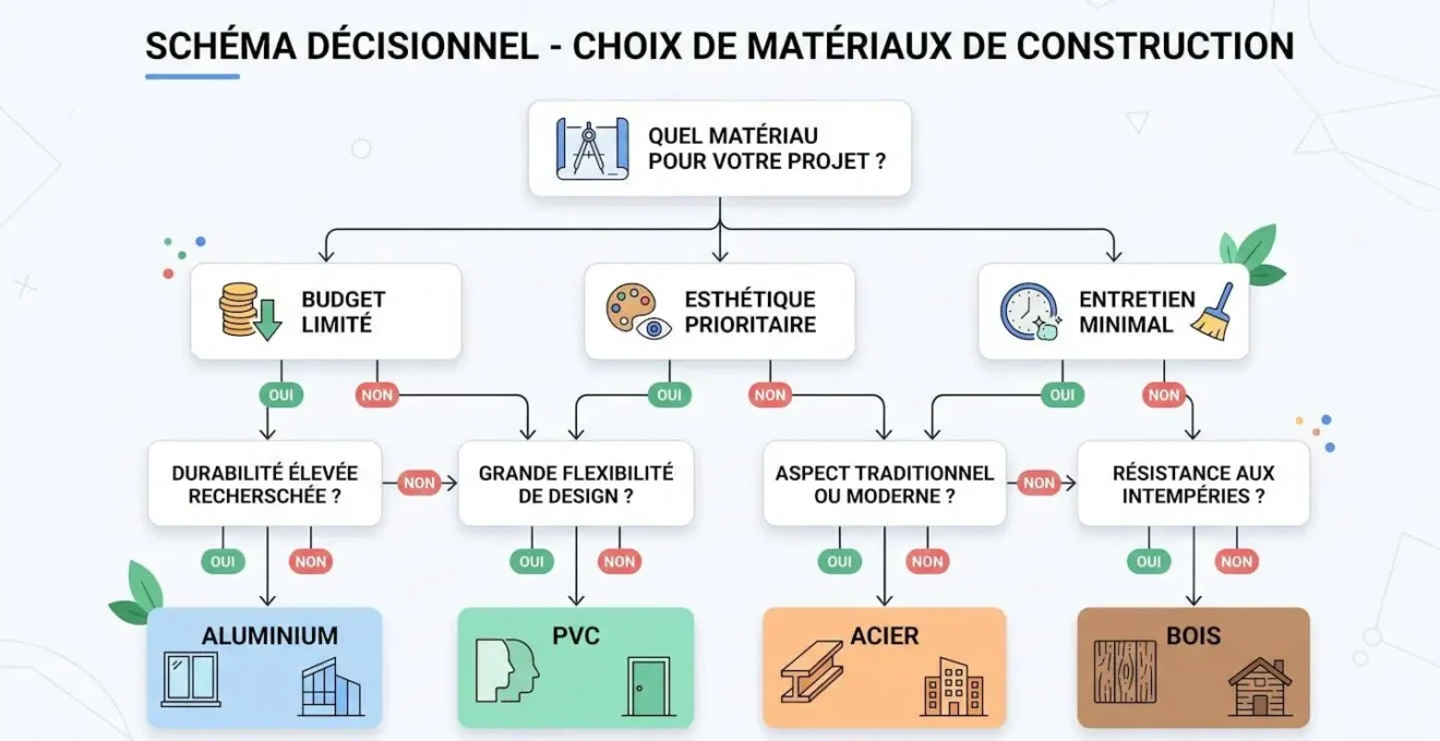 Arbre décisionnel guidant le choix du matériau de portail selon le profil et les contraintes du lecteur.