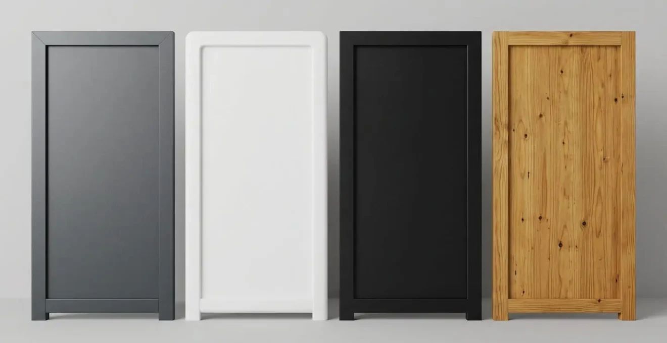 Quatre échantillons de portail en aluminium, PVC, acier et bois présentés côte à côte.
