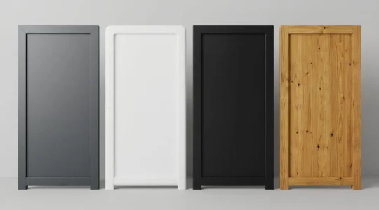 Quatre échantillons de portail en aluminium, PVC, acier et bois présentés côte à côte.
