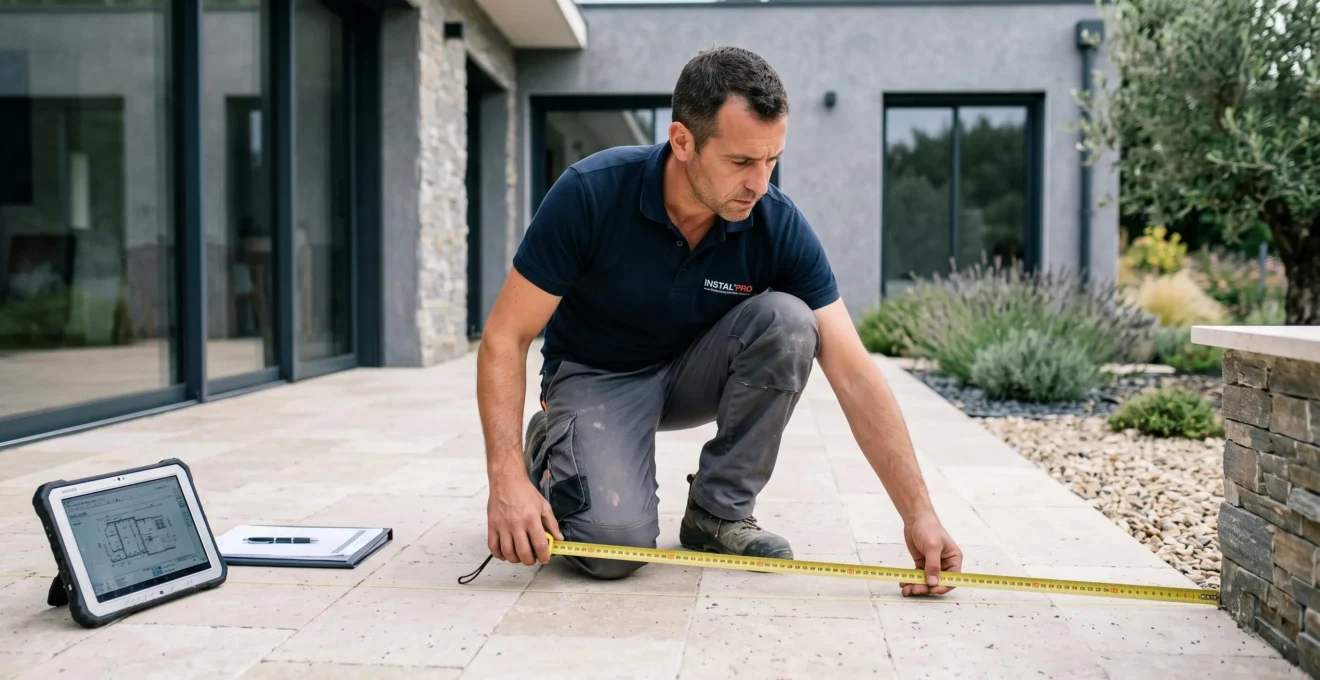 Artisan professionnel en tenue de travail mesurant au mètre ruban la distance entre la façade d'une maison contemporaine et le bord de la terrasse en dalles claires, dossier technique posé au sol