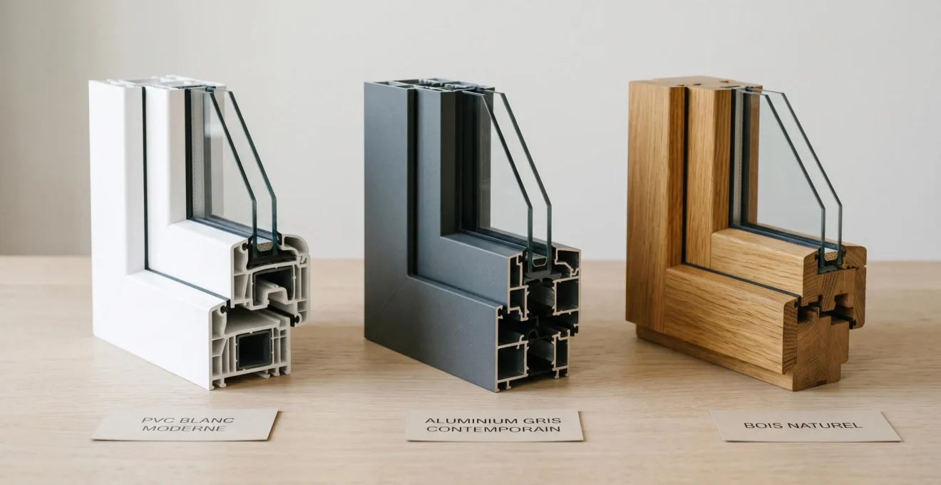 Trois échantillons de profilés de fenêtres PVC, aluminium et bois disposés côte à côte