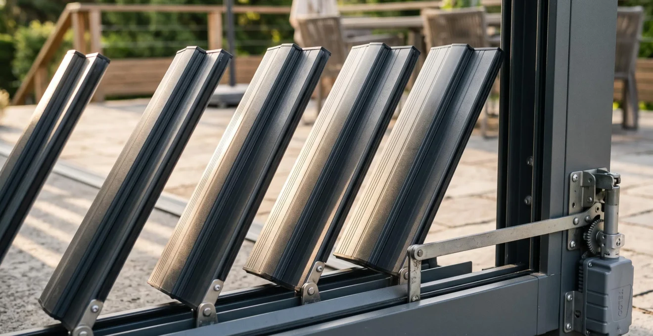 Gros plan sur les lames orientables en aluminium anthracite d'une pergola bioclimatique en position semi-ouverte, avec rail de guidage et mécanisme de motorisation Telco visible