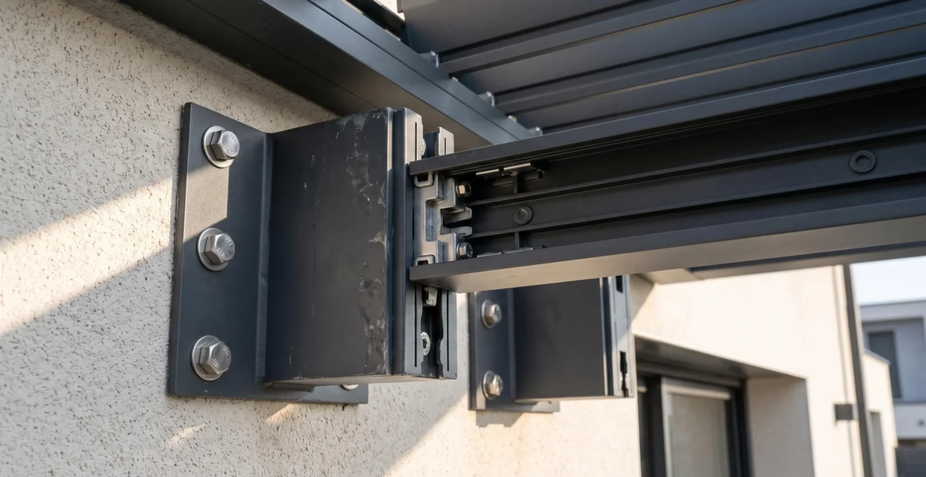 Gros plan sur les supports muraux en aluminium anthracite d'une pergola adossée fixés par chevilles à une façade en crépi clair, avec chevron porteur clipsé dans les supports