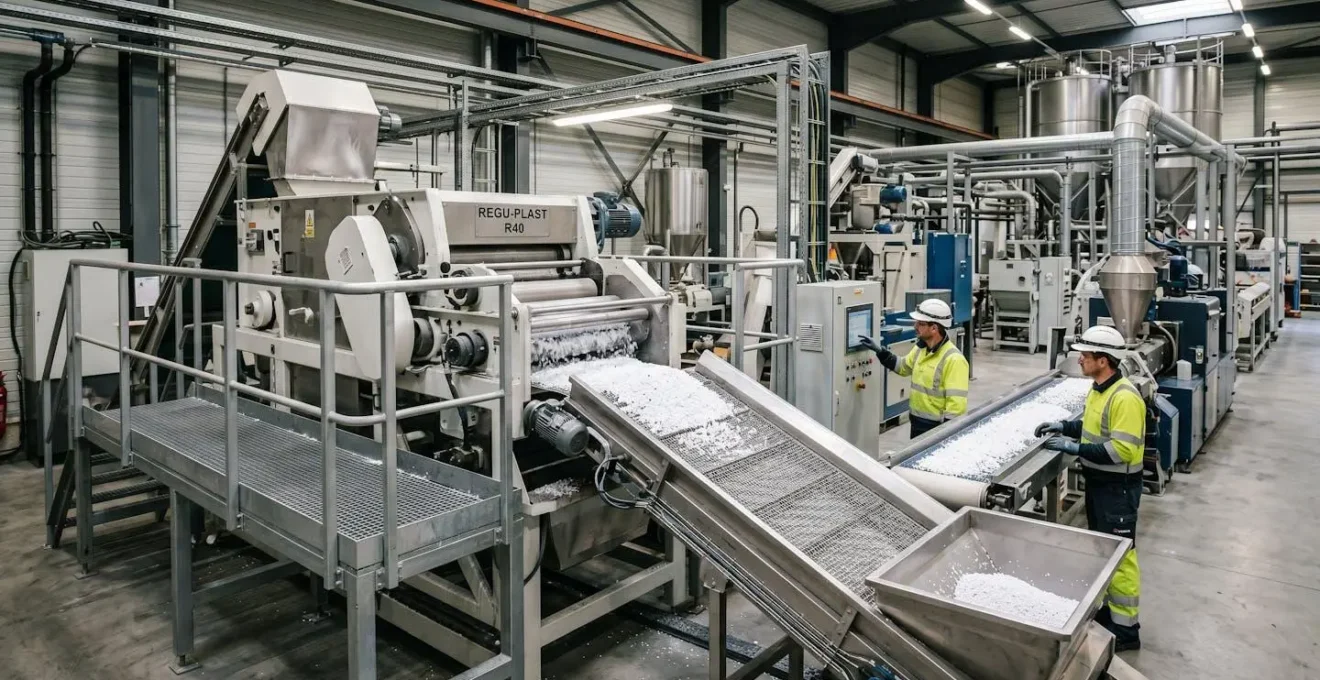 Ligne de production recyclage PVC avec granulés blancs et machines industrielles modernes