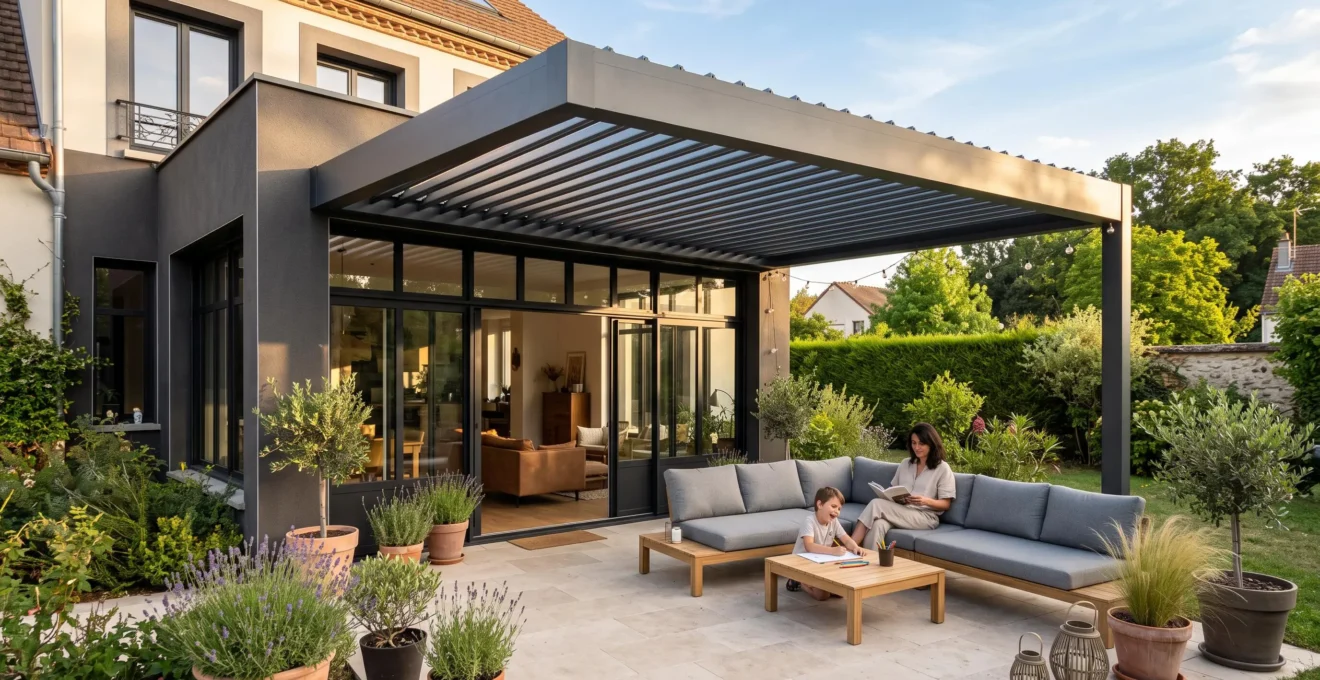Pergola bioclimatique à lames orientables en aluminium gris anthracite adossée à la façade d'une maison contemporaine, couvrant une terrasse aménagée avec salon de jardin en fin d'après-midi