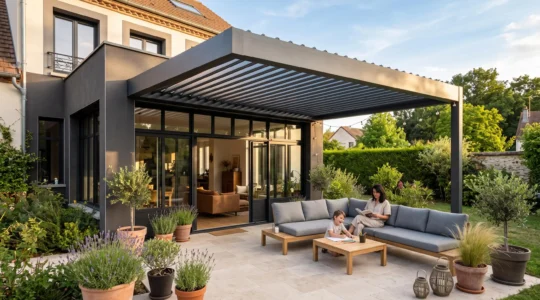 Pergola bioclimatique à lames orientables en aluminium gris anthracite adossée à la façade d'une maison contemporaine, couvrant une terrasse aménagée avec salon de jardin en fin d'après-midi