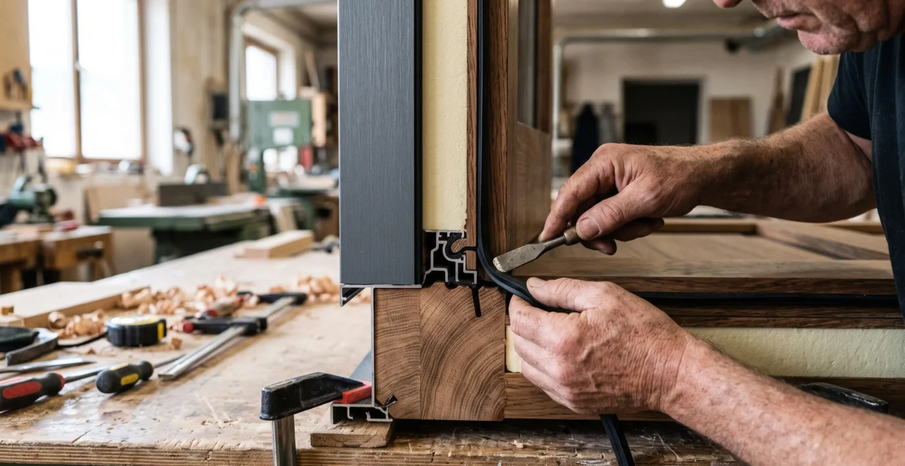 Gros plan sur les détails de fabrication d'une porte sur mesure montrant les différentes couches de matériaux isolants et les joints d'étanchéité