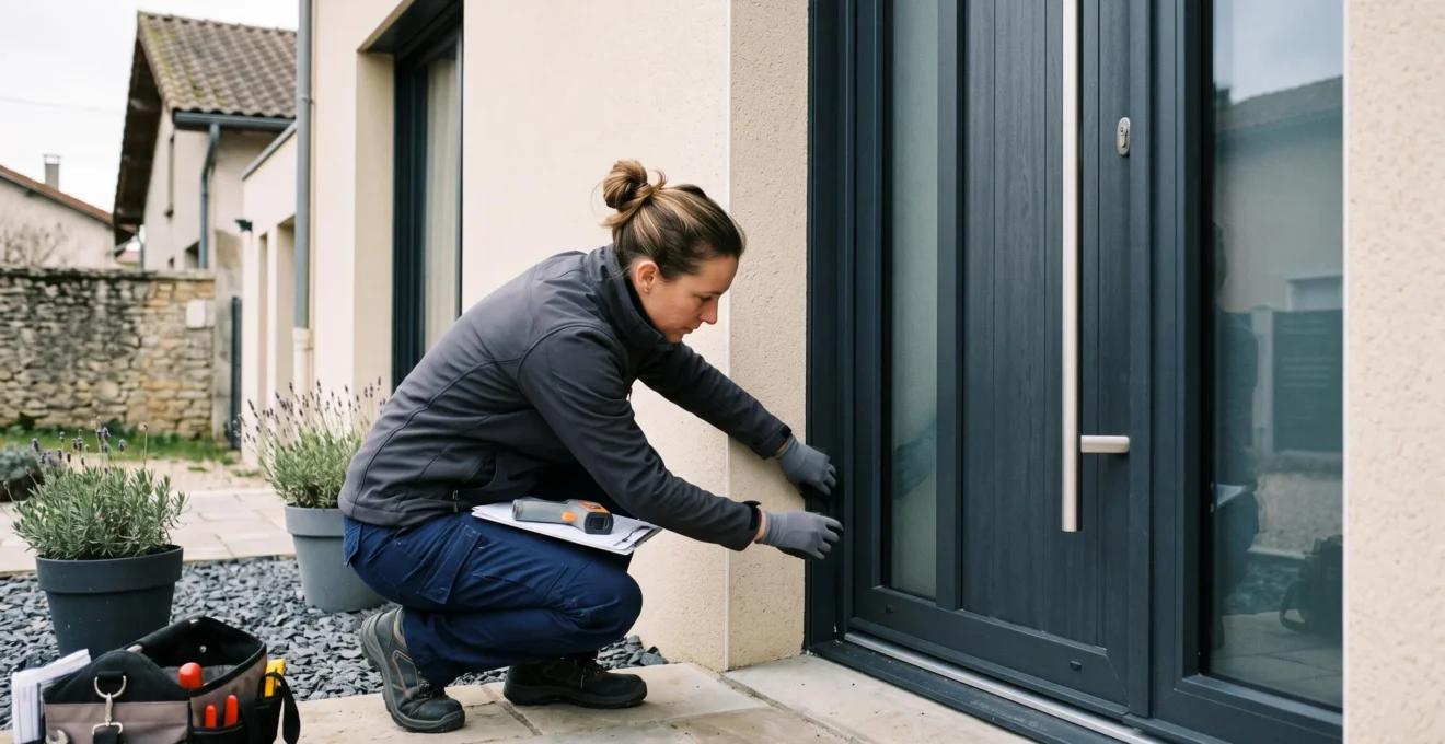 Technicien inspectant les joints d'étanchéité et l'isolation thermique d'une porte d'entrée sur mesure récemment installée