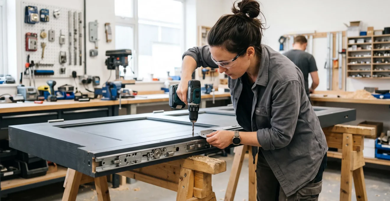 Serrurier professionnel installant un système de serrure multipoints haute sécurité sur une porte d'entrée sur mesure